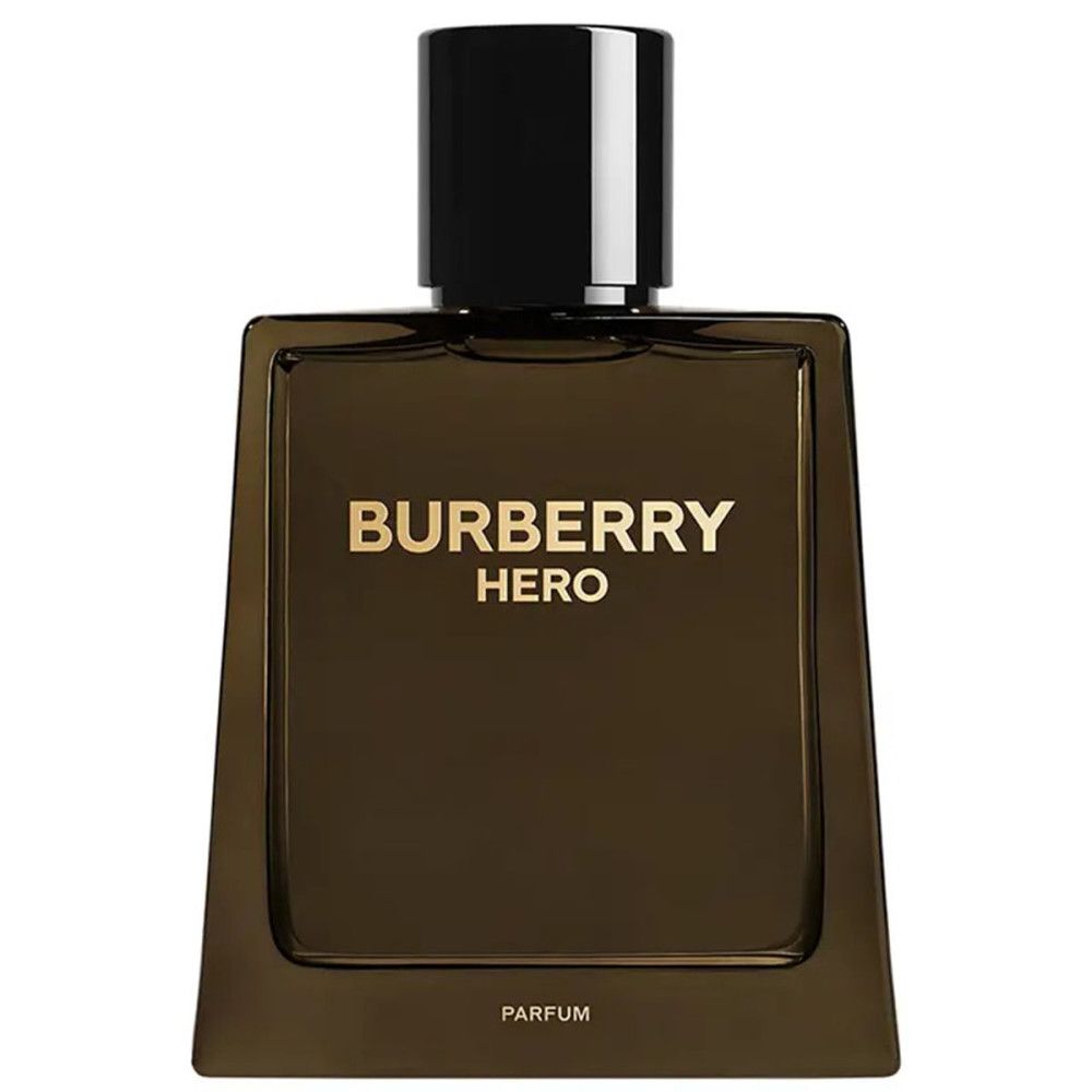Braune Parfümflasche mit schwarzem Deckel. Aufschrift: Burberry Hero. Parfum.