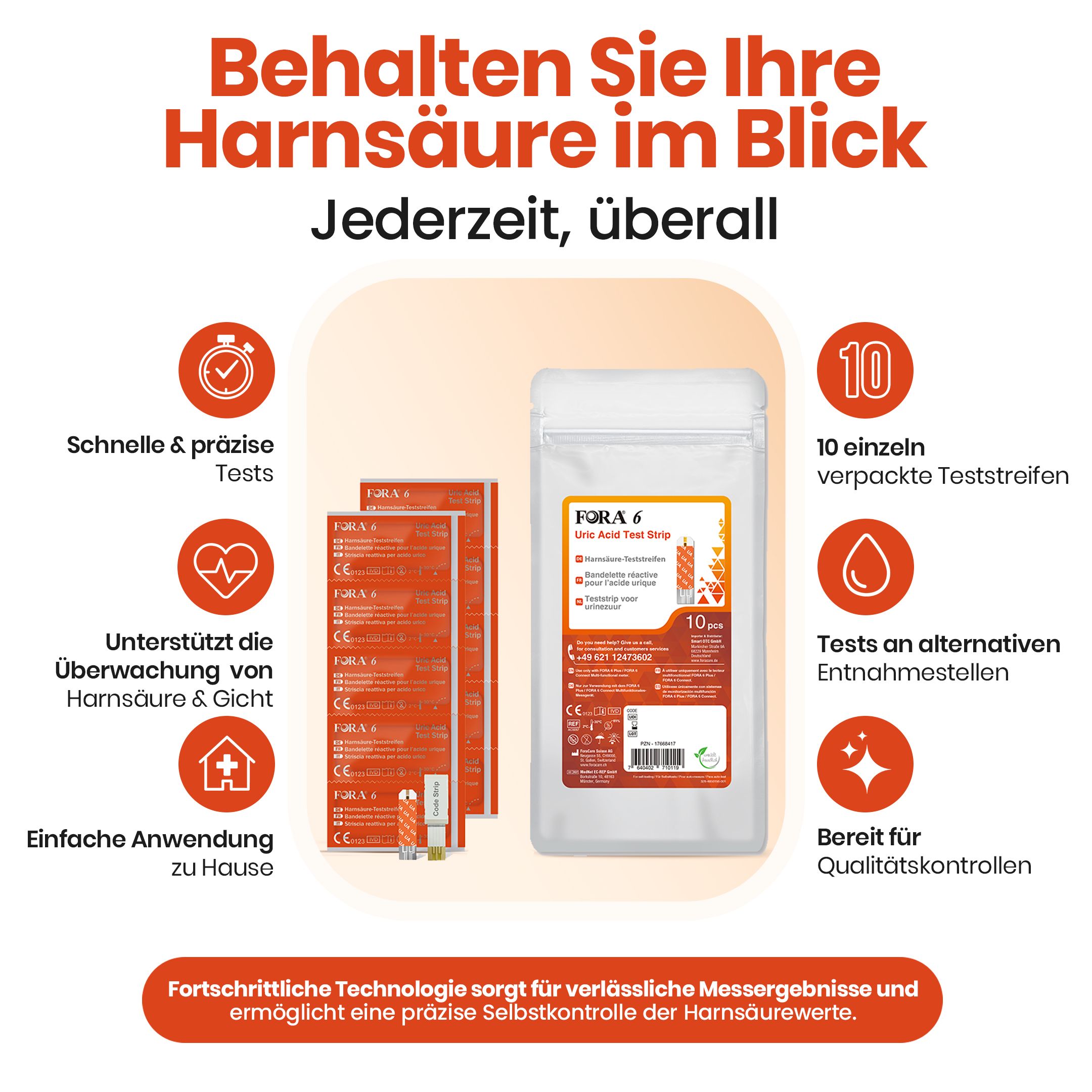 Produktabbildung mit Text: 'Behalten Sie Ihre Harnsäure im Blick'. Packung Teststreifen, einzelne Streifen, Icons.