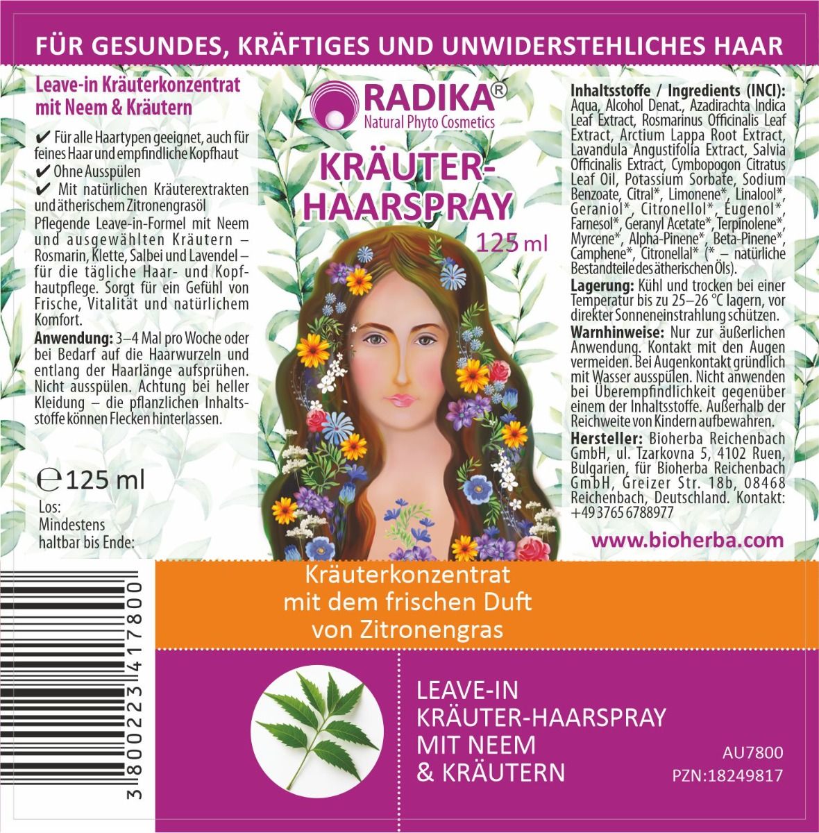 Produktetikett mit Text, Illustration und Produktname. Enthält Informationen zu Inhaltsstoffen und Hersteller. 125 ml.