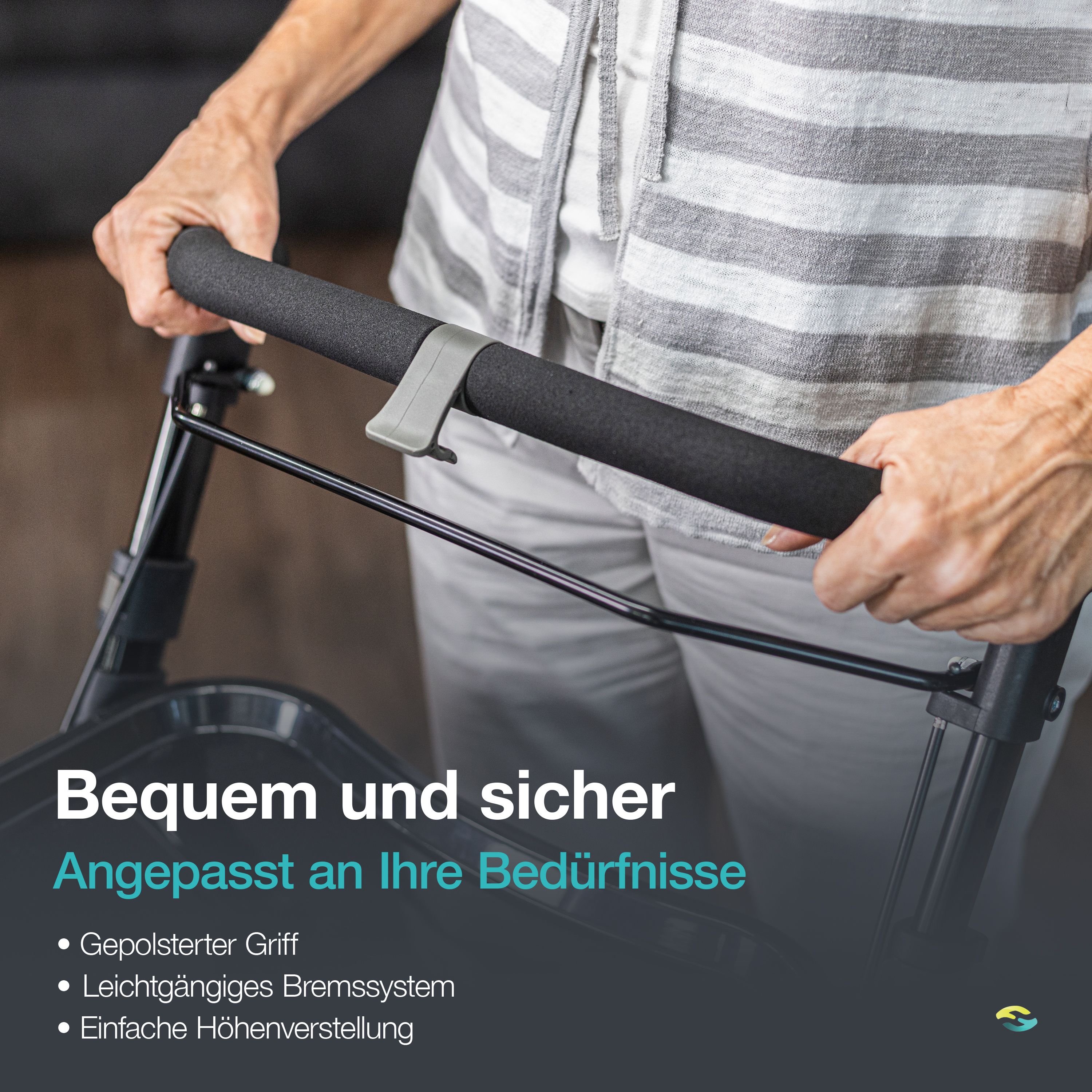 Gepolsterter Griff und Bremssystem eines Indoor-Rollators.