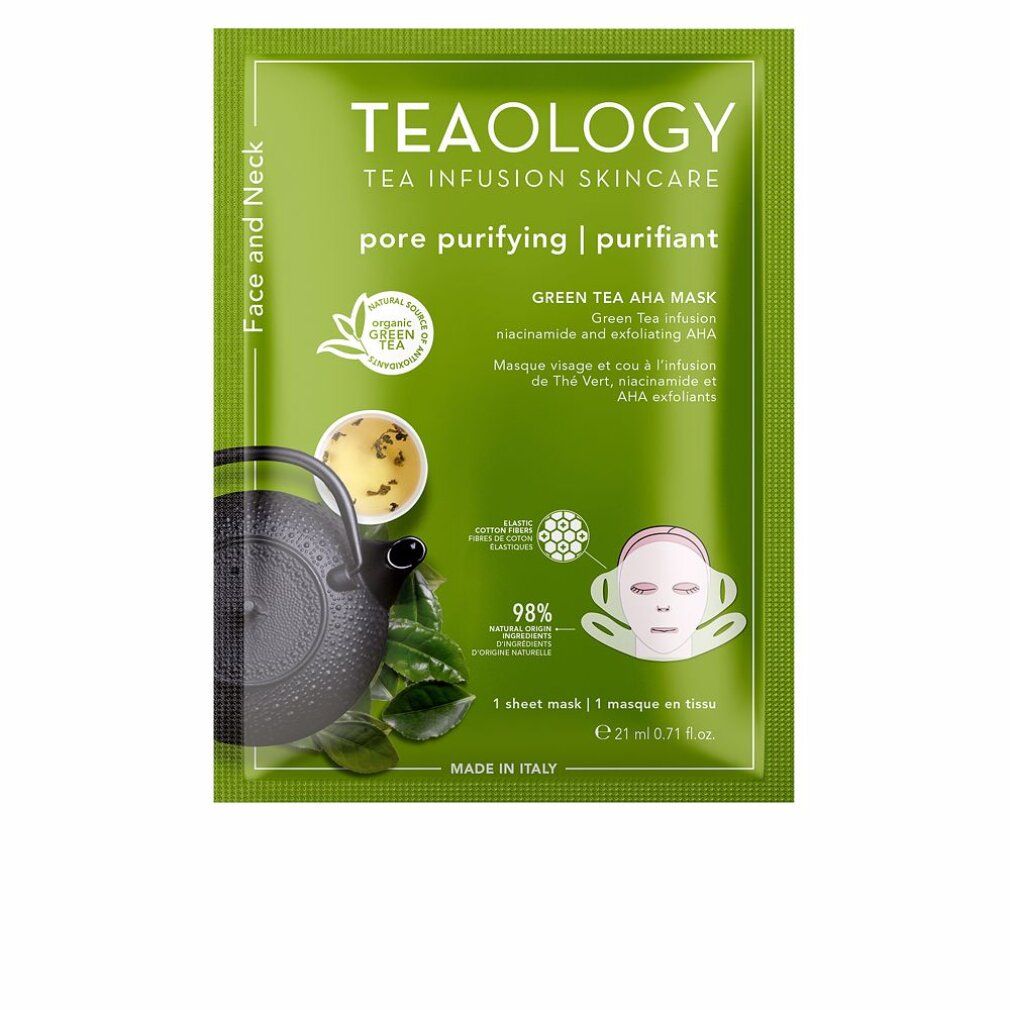 Verpackung einer Gesichtsmaske mit grünem Tee und AHA von Teaology.