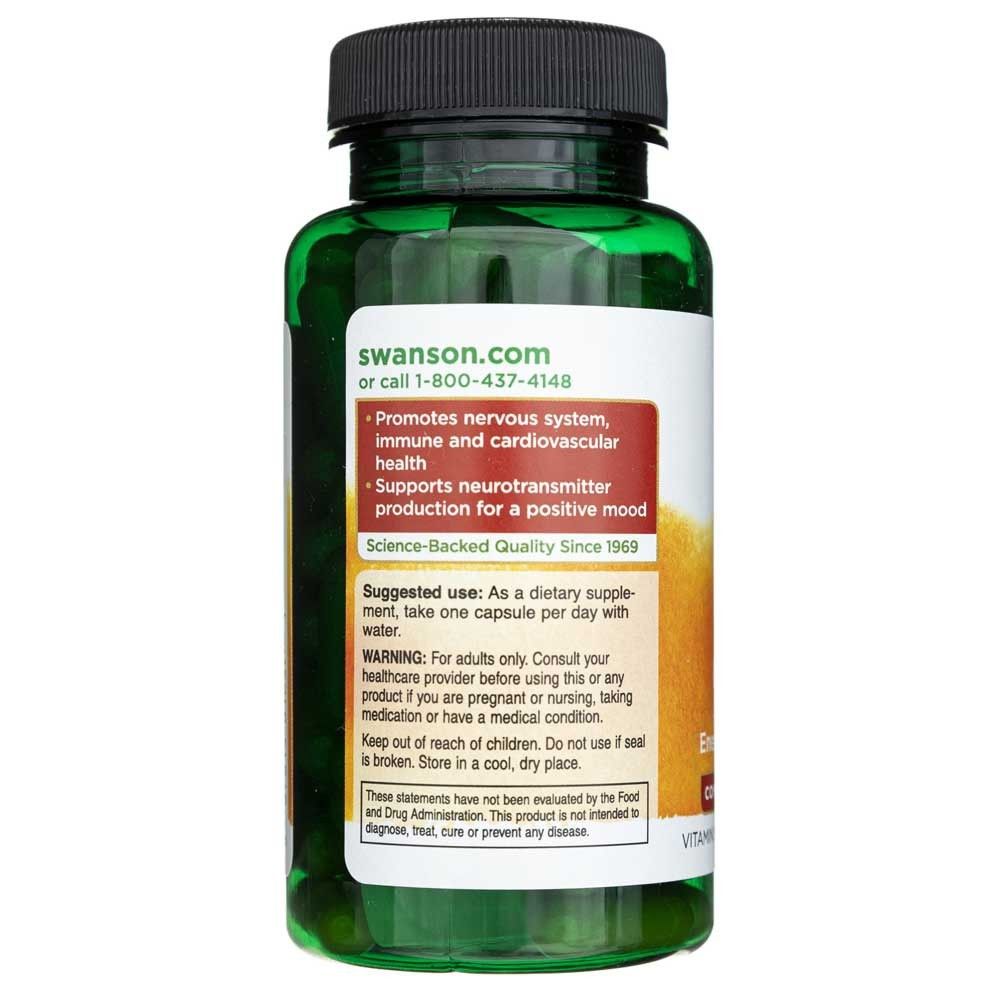 Rückseite der SWANSON Balance B-50 Complex Flasche mit Anwendungshinweisen und Qualitätsmerkmalen.