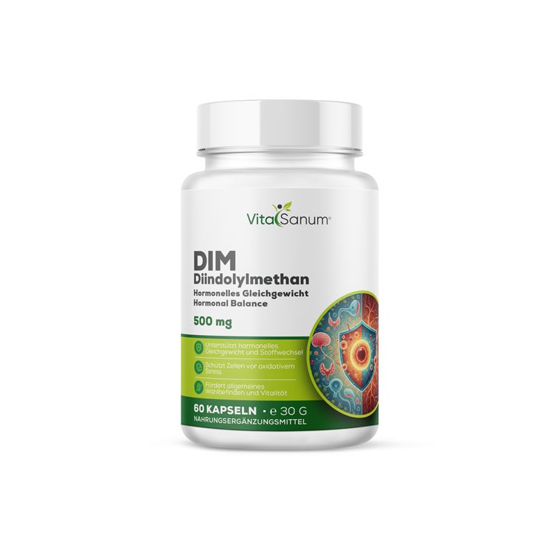 VitaSanum®-DIM-Dose. Weißes Gefäß mit grünem Etikett. Text: DIM, Diindolylmethan, 500 mg, 60 Kapseln. Logo.