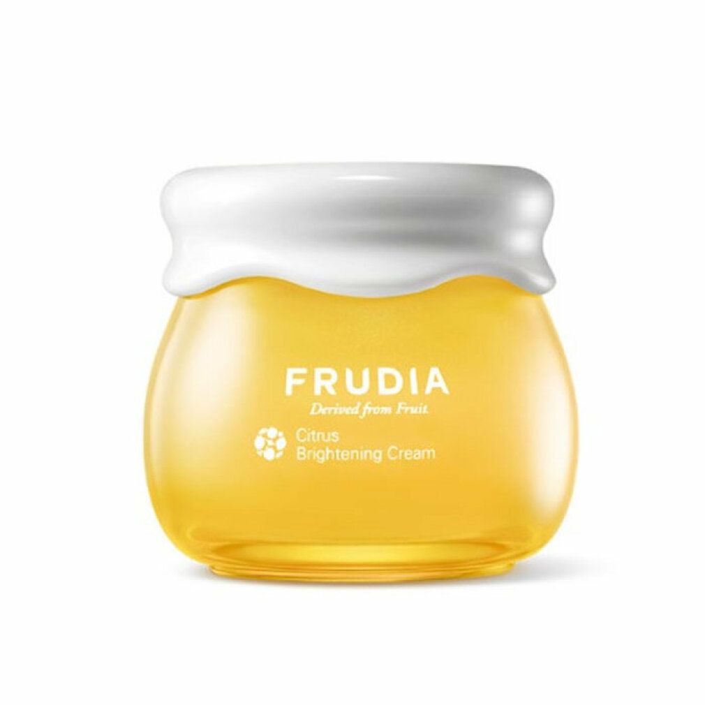 Gelbe Creme in einem Glas mit weißem Deckel. Aufschrift: FRUDIA Citrus Brightening Cream.