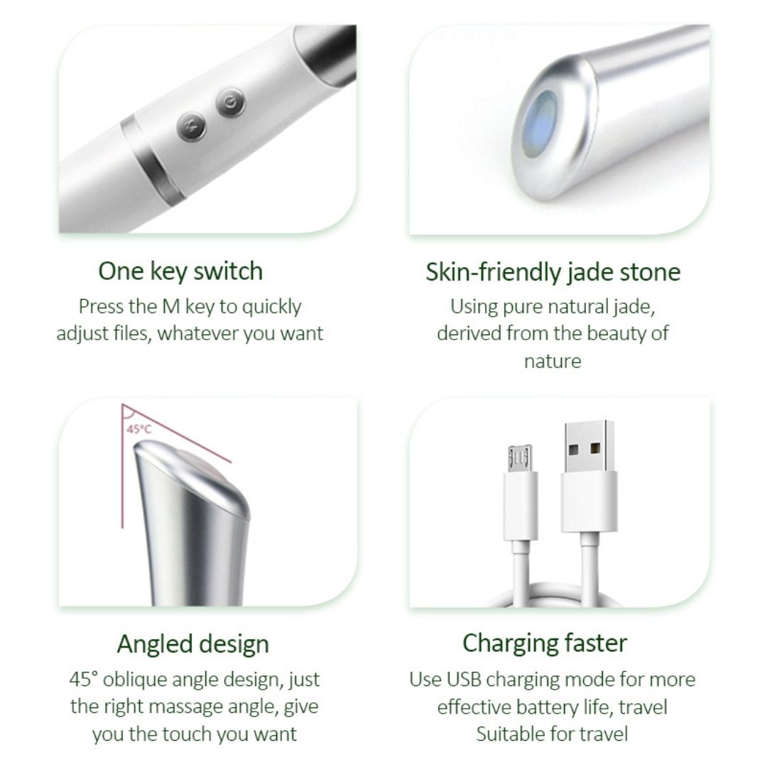 Nahaufnahmen von Augenmassagegeräten. Details: Ein-Knopf-Schalter, Jade-Stein, abgewinkeltes Design, USB-Ladekabel.