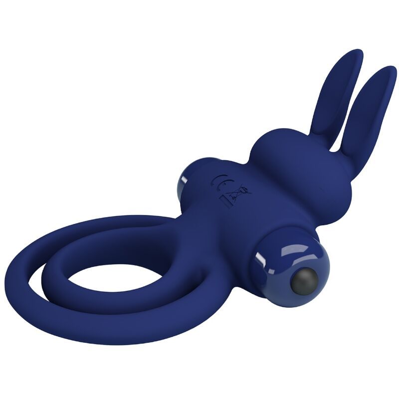 Blauer Rabbitvibrator mit Hasenohren und doppelter Ringform. CE-Kennzeichnung.