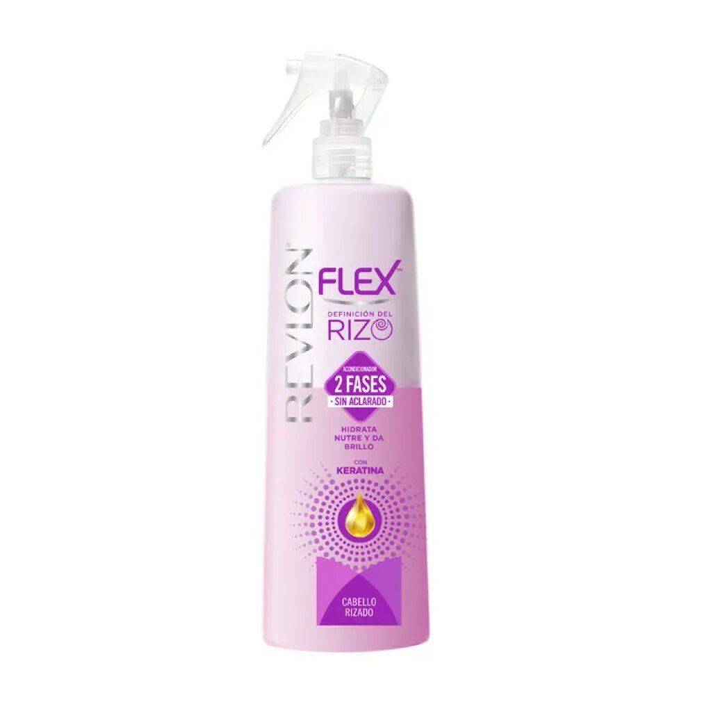 Revlon Flex Haarspray, rosa Flasche mit Sprühkopf. Aufschrift: Flex, 2 Phasen, Keratin. Für lockiges Haar.