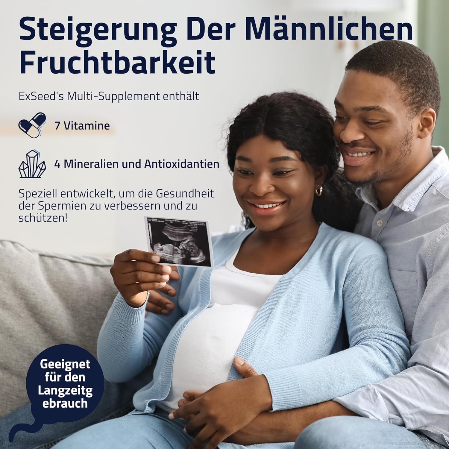 Schwangere Frau und Mann betrachten Ultraschallbild. Text: Steigerung der männlichen Fruchtbarkeit. Enthält Vitamine und Mineralien.