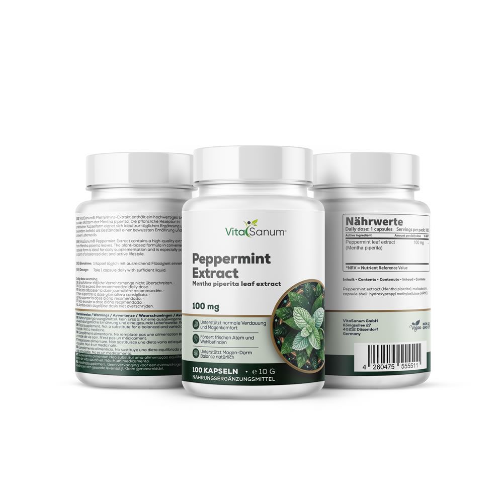 Drei weiße Flaschen mit Kapseln. Aufschrift: VitaSanum, Peppermint Extract, 100 mg, 100 Kapseln. Pfefferminzblatt-Abbildung.