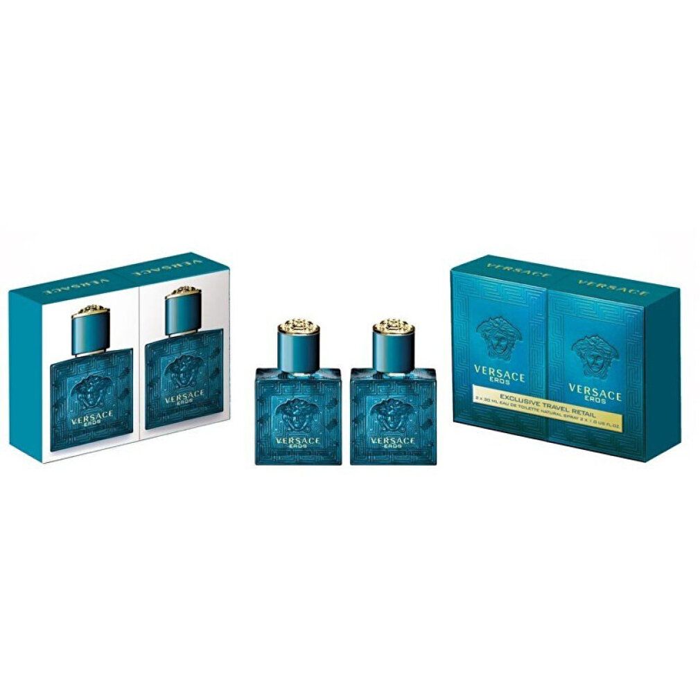 Drei Sets: Zwei Flakons mit Boxen und ein Set mit zwei Flakons und Box. Türkisblau. Versace-Logo.