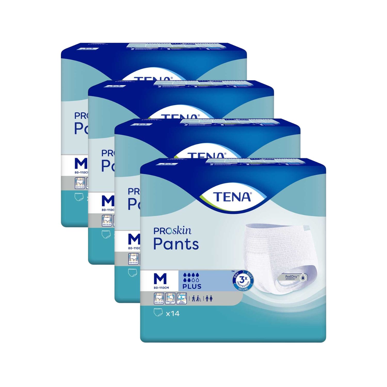 Vier Packungen TENA Pants Plus. Blaue Verpackung mit Produktabbildung und Schriftzug. Größe M, Saugstärke 3+. 14 Stück.