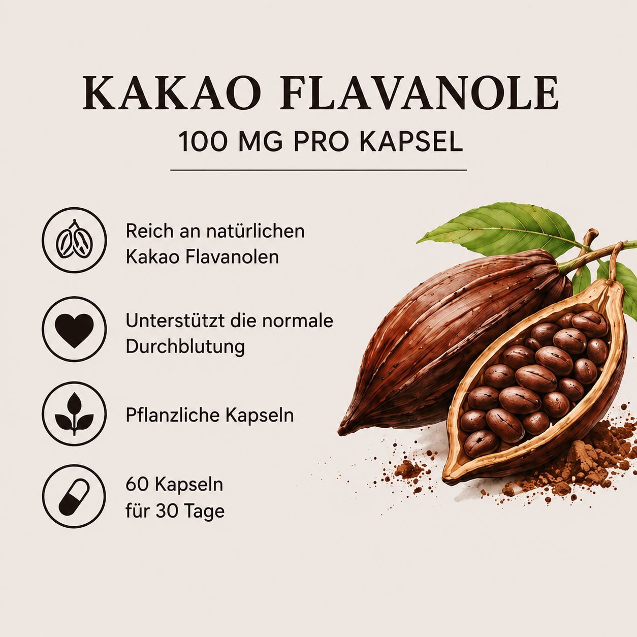 Kakaoflanole Kapseln 100 mg pro Kapsel. Reich an natürlichen Kakaoflanolen, pflanzliche Kapseln.