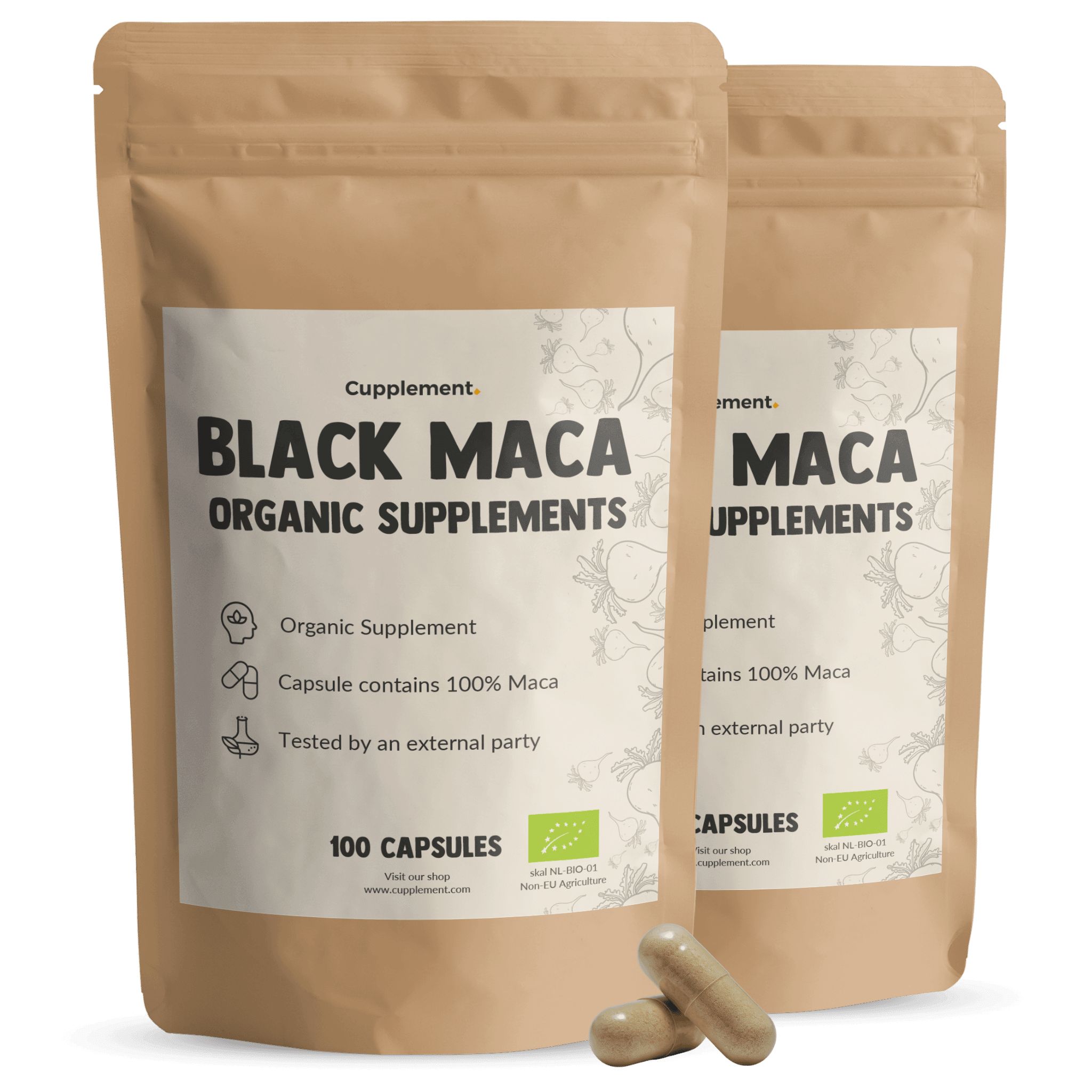 Zwei Beutel mit Cupplement® Schwarze Maca Kapseln. Aufschrift: Black Maca Organic Supplements, 100 Kapseln.