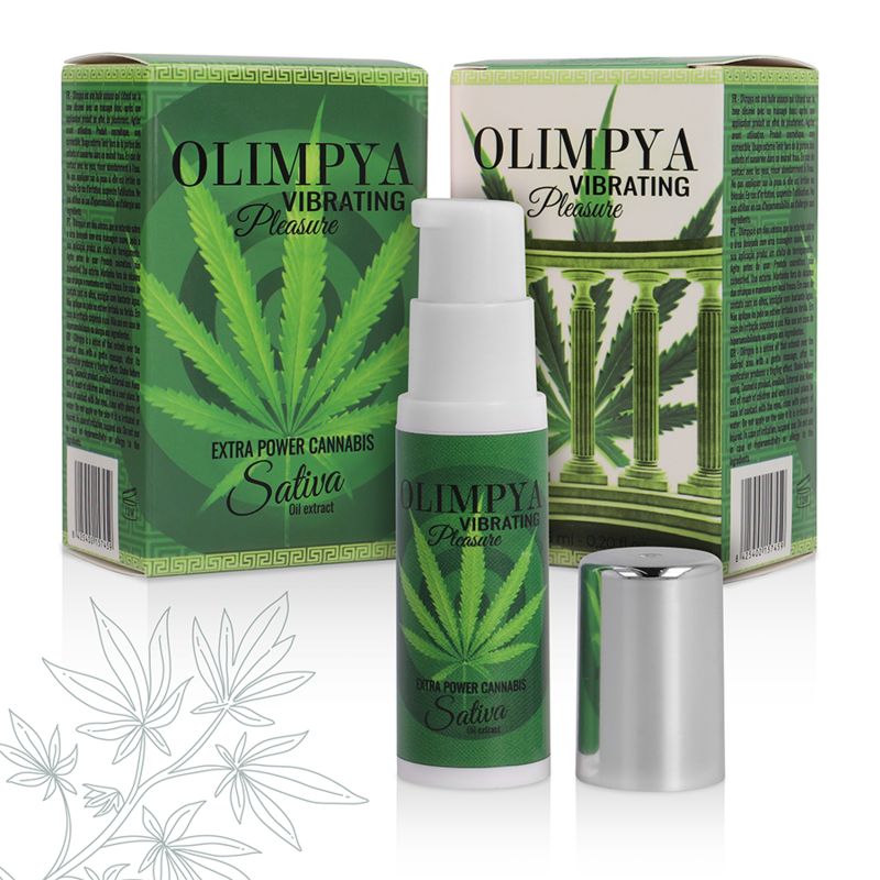 Produkt mit Verpackung. Aufschrift: Olimpya, Vibrating Pleasure, Cannabis Sativa. Flasche und zwei Verpackungen.
