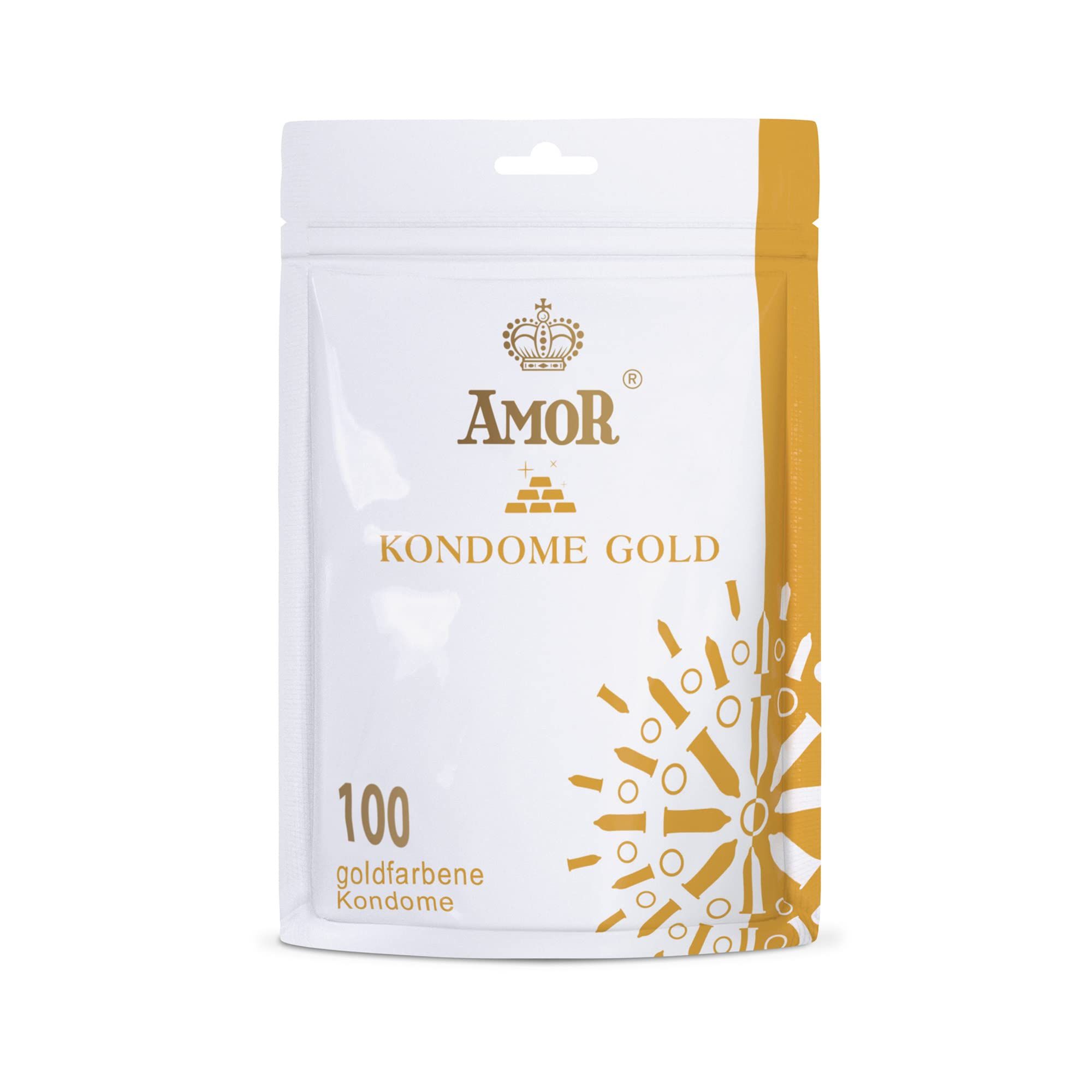 Verpackung mit 100 goldfarbenen Kondomen.