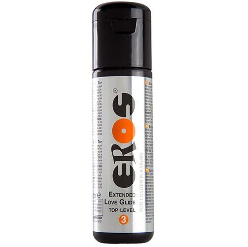 Zylindrische Flasche mit schwarzem Deckel. Aufschrift "EROS" mit orangefarbenem Kreis. Text: "Extended Love Glide Top Level 3".