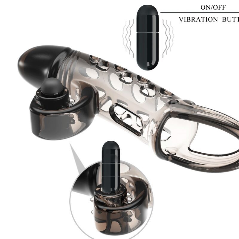 Penishülle mit Vibrationsfunktion, transparent mit schwarzen Elementen. Mit Ring und Öffnungen. Detailansichten.