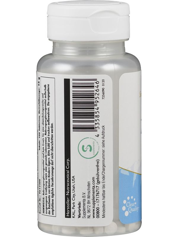 Rückseite einer Zink-Tablettenflasche. Hersteller: Nutraceutical Corp. Mit Barcode und Zertifizierungslogo. Enthält 100 Tabletten.