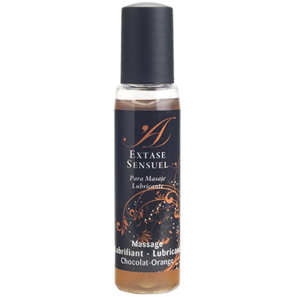 Klarflüssiges Produkt in einer zylindrischen Flasche mit schwarzem Deckel. Aufschrift: Extase Sensuel, Para Masaje, Chocolat-Orange.