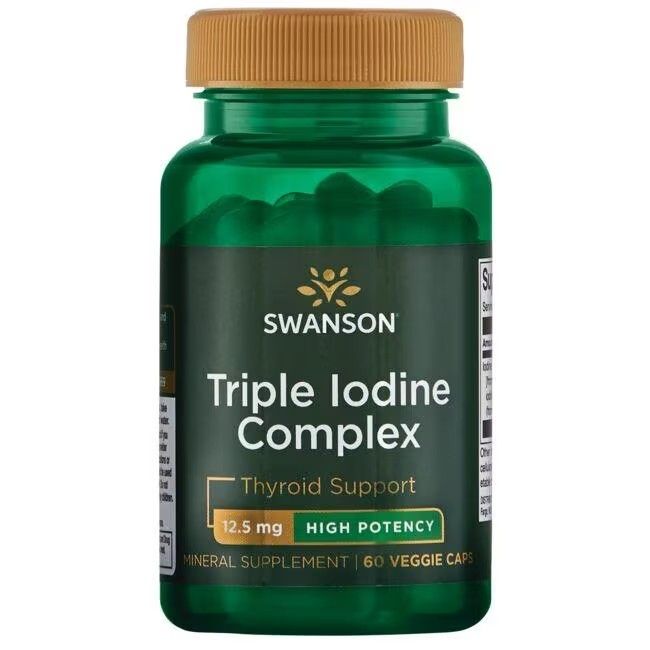 Grüne Flasche mit braunem Deckel. Aufschrift: SWANSON Triple lodine Complex, 12,5 mg, High Potency, 60 Veggie Caps.