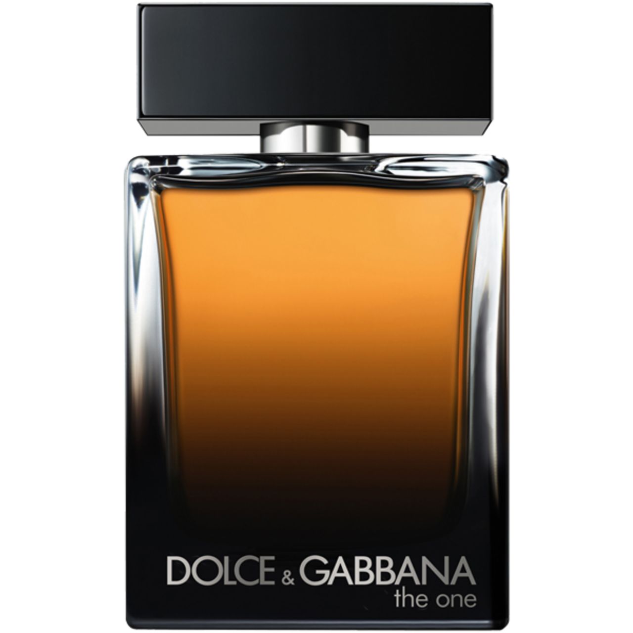 Dolce & Gabbana The One For Men Flakon. Schwarzer Deckel, rechteckiger Flakon, braune Flüssigkeit. Silberner Zerstäuber.