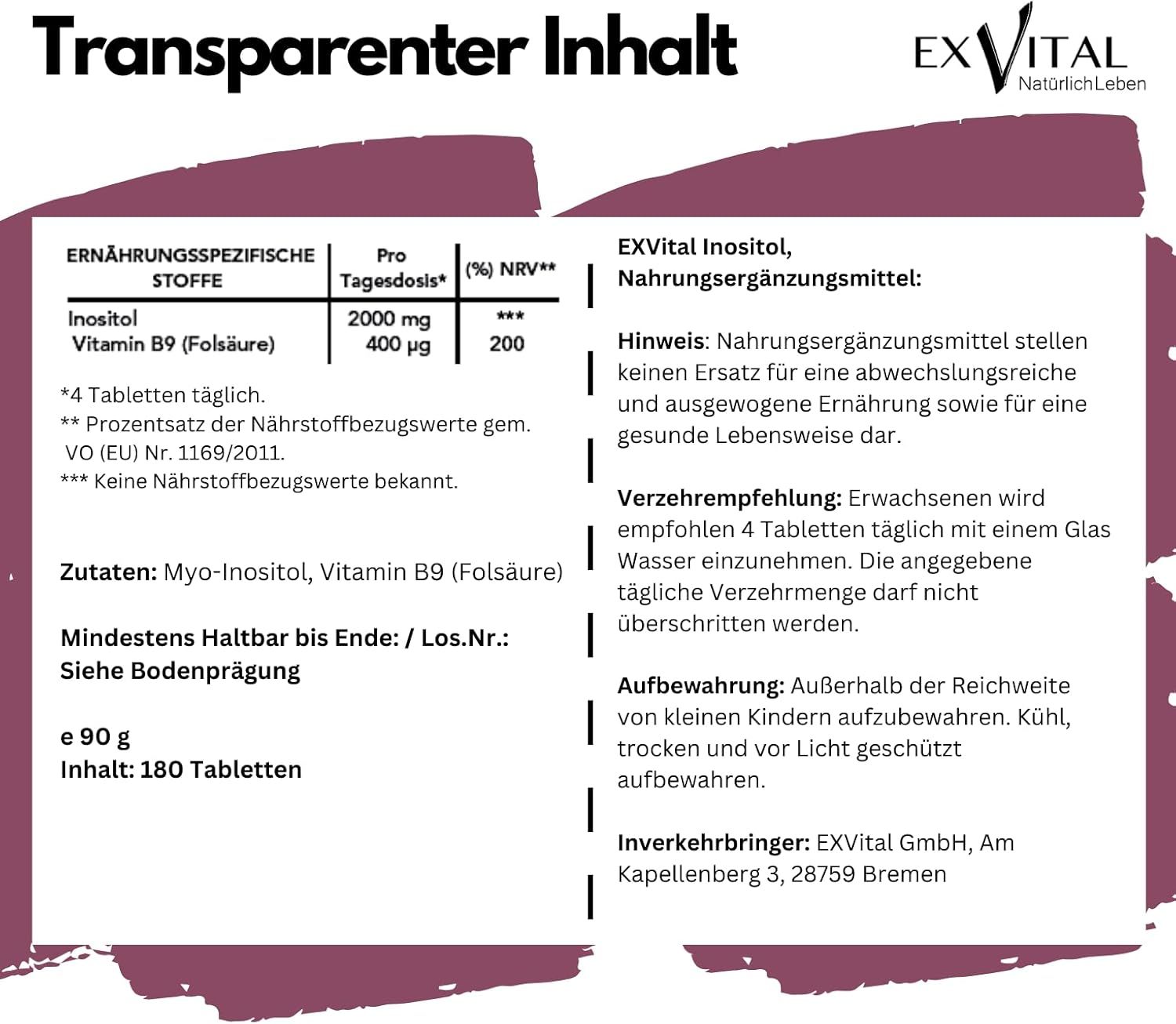 Text: Nährwertangaben, Inhaltsstoffe, Verzehrempfehlung, Aufbewahrung. EXVital Inositol, Nahrungsergänzungsmittel. 180 Tabletten.