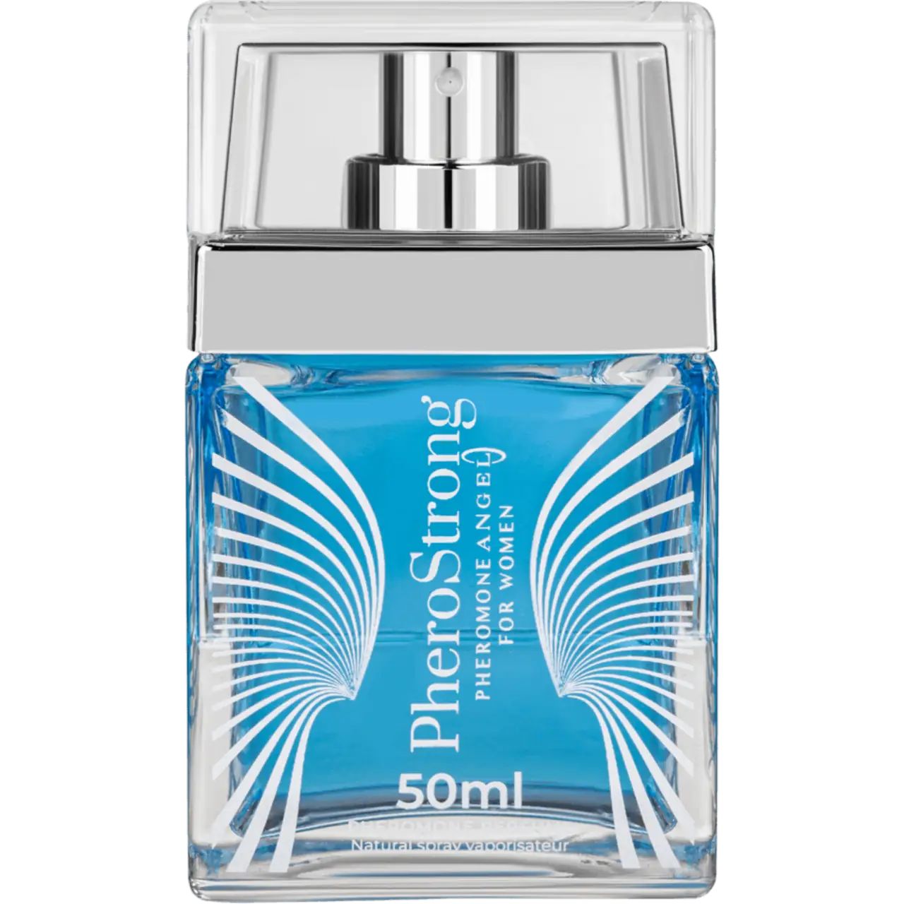 Blaues Parfümflakon mit Sprühkopf. Aufschrift: PheroStrong Pheromone Angel für Frauen. 50ml. Flügel-Design.
