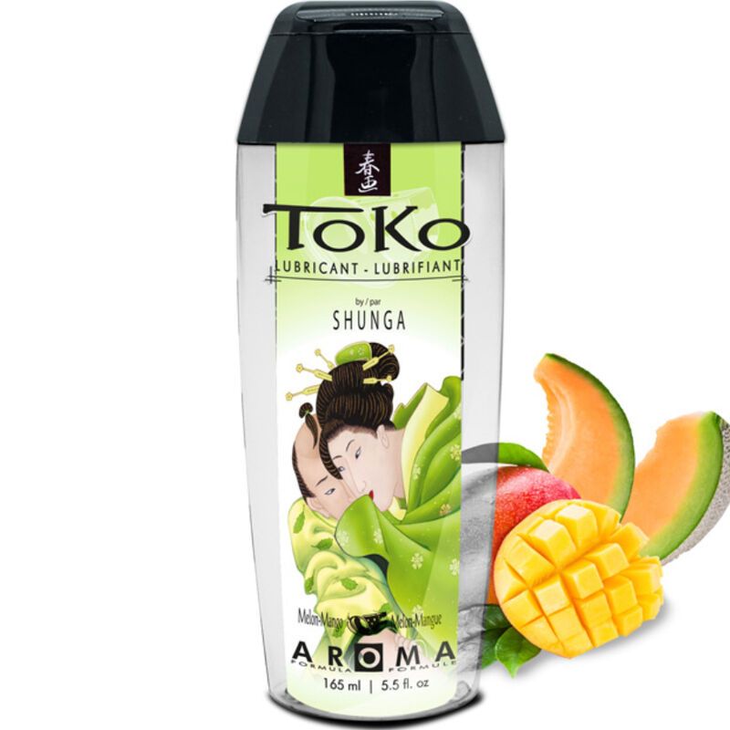 Transparente Flasche mit schwarzem Deckel. Etikett mit Illustration und Text: TOKO, Shunga, Aroma.