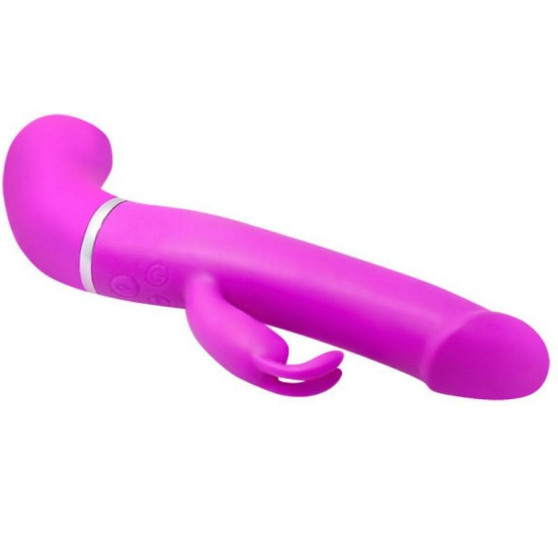 Lila Vibrator mit gebogener Form, Kaninchenohren und silbernem Ring. Knöpfe auf der Oberfläche.