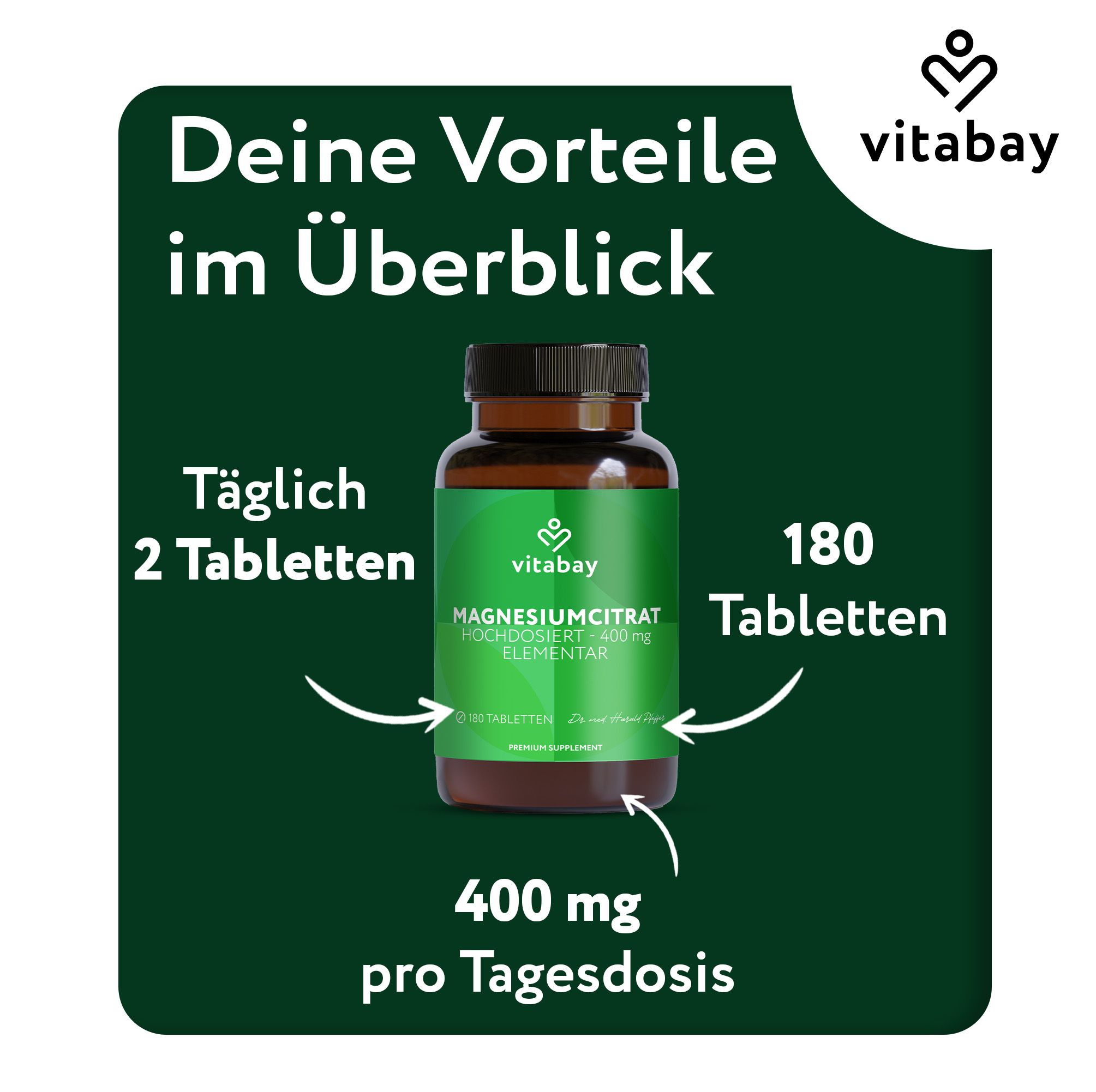 Braune Glasflasche mit grüner Beschriftung. Text: Magnesiumcitrat 400 mg. 180 Tabletten. Vitabay Logo.