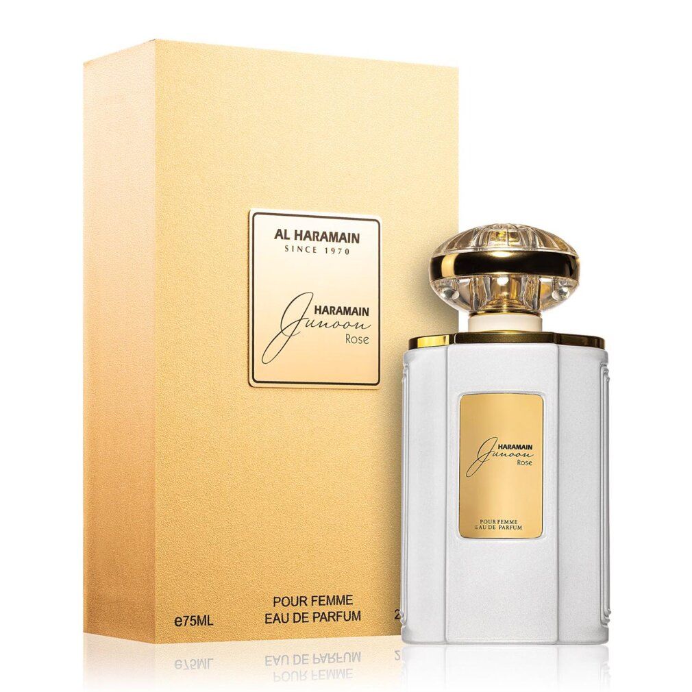 Weißer Flakon mit goldener Kappe und goldener Verpackung. Aufschrift: Al Haramain Junoon Rose Eau De Parfum.