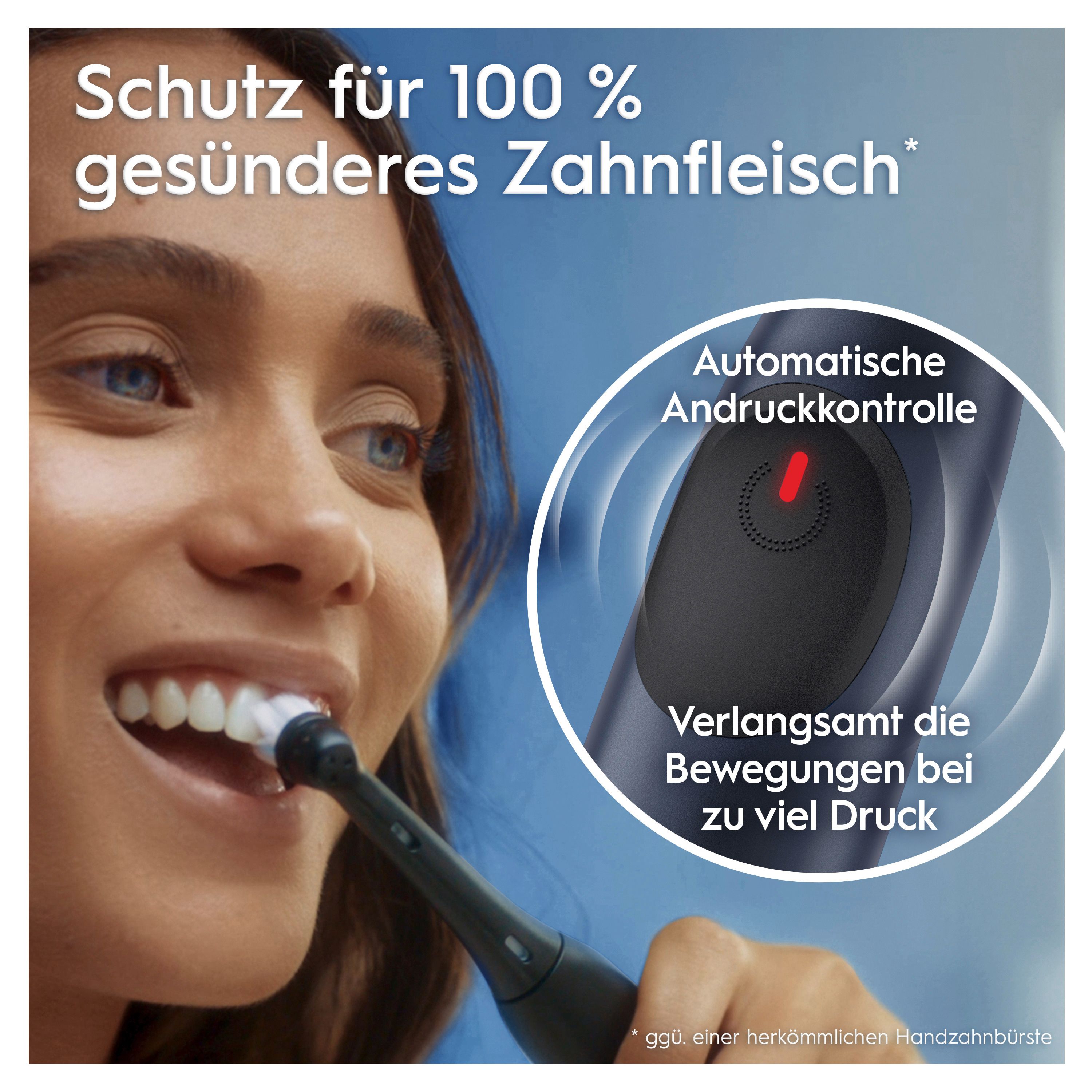 Frau putzt Zähne mit elektrischer Zahnbürste. Automatische Andruckkontrolle. Text: Schutz für 100% gesünderes Zahnfleisch.