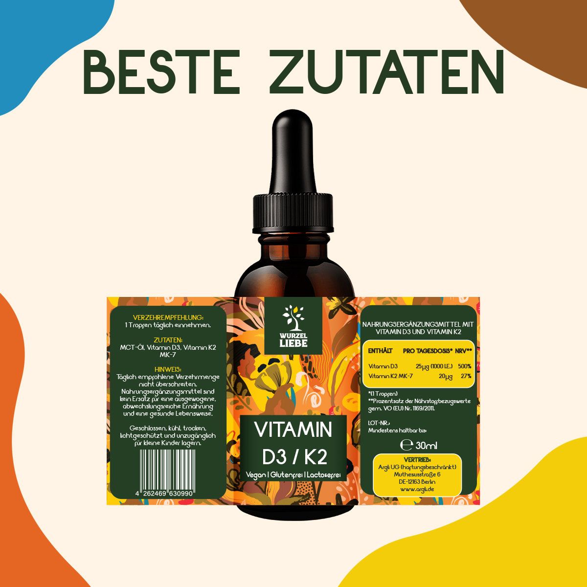 Braune Glasflasche mit Tropfer. Etikett mit Logo und Schriftzug: Vitamin D3 / K2. Zusätzliches Etikett mit Inhaltsstoffen und Nährwertangaben.