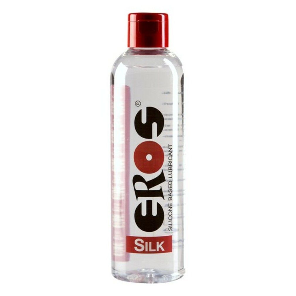 Klare Flasche mit rotem Deckel. Aufdruck: EROS SILK. Silikonbasiertes Gleitmittel.