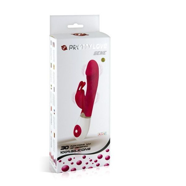 Verpackung von Pretty Love Gene Vibrator. Auf der Verpackung ist der Vibrator abgebildet. Text: 30 Vibrationsmodi, 100% Silikon.