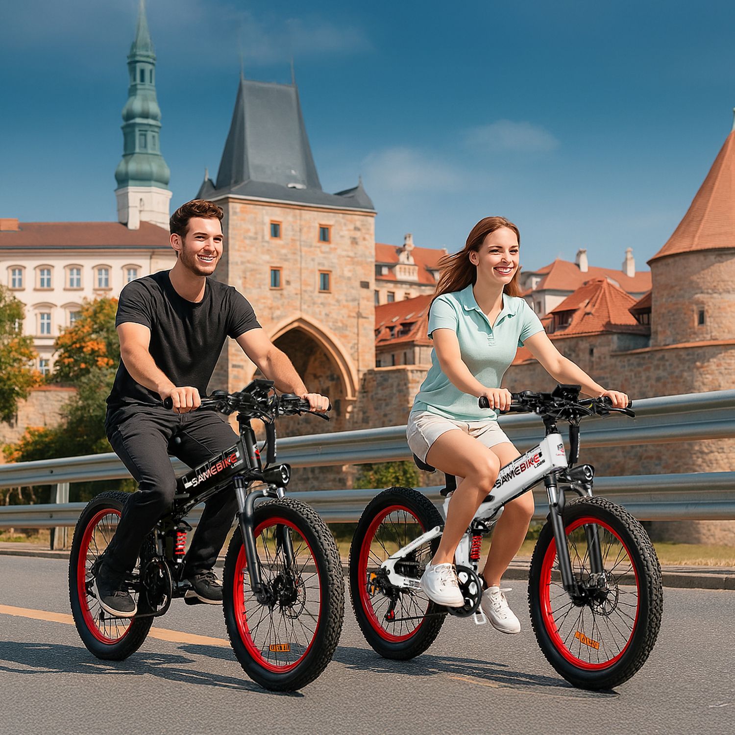 Zwei Personen fahren E-Bikes. Beide Räder sind grau mit roten Felgen. Gebäude im Hintergrund. Marke SAMEBIKE sichtbar.