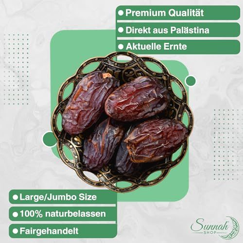 Datteln in einer verzierten Schale. Text: Premium Qualität, Direkt aus Palästina, Aktuelle Ernte, Large/Jumbo Size, 100% naturbelassen, Fairgehandelt. Logo: Sunnah Shop.
