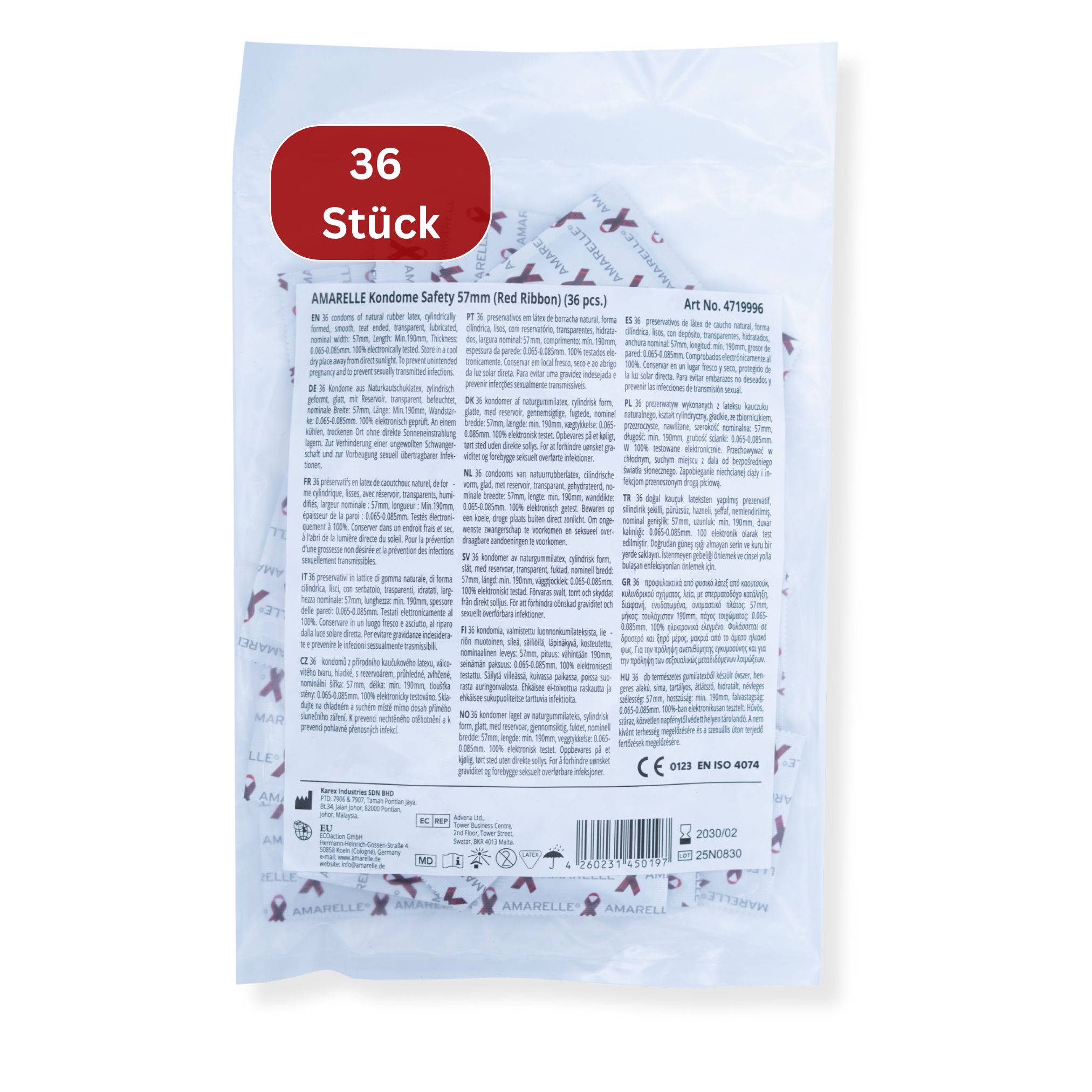Verpackung mit 36 Kondomen. Rote Aufschrift "36 Stück". Transparente Verpackung mit Produktinformationen und rotem Bandmuster.