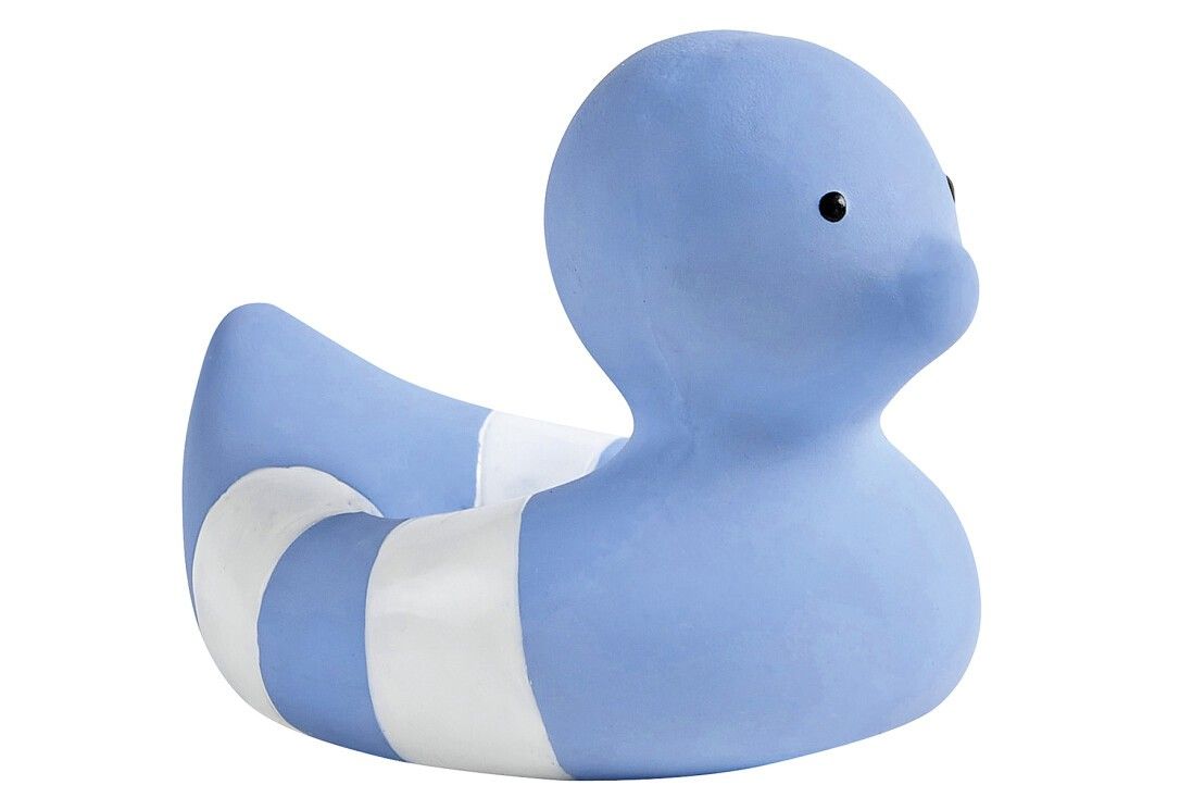 Blaues Entchen mit weißen Streifen. Schwarze Augen. Gummi-Ente.