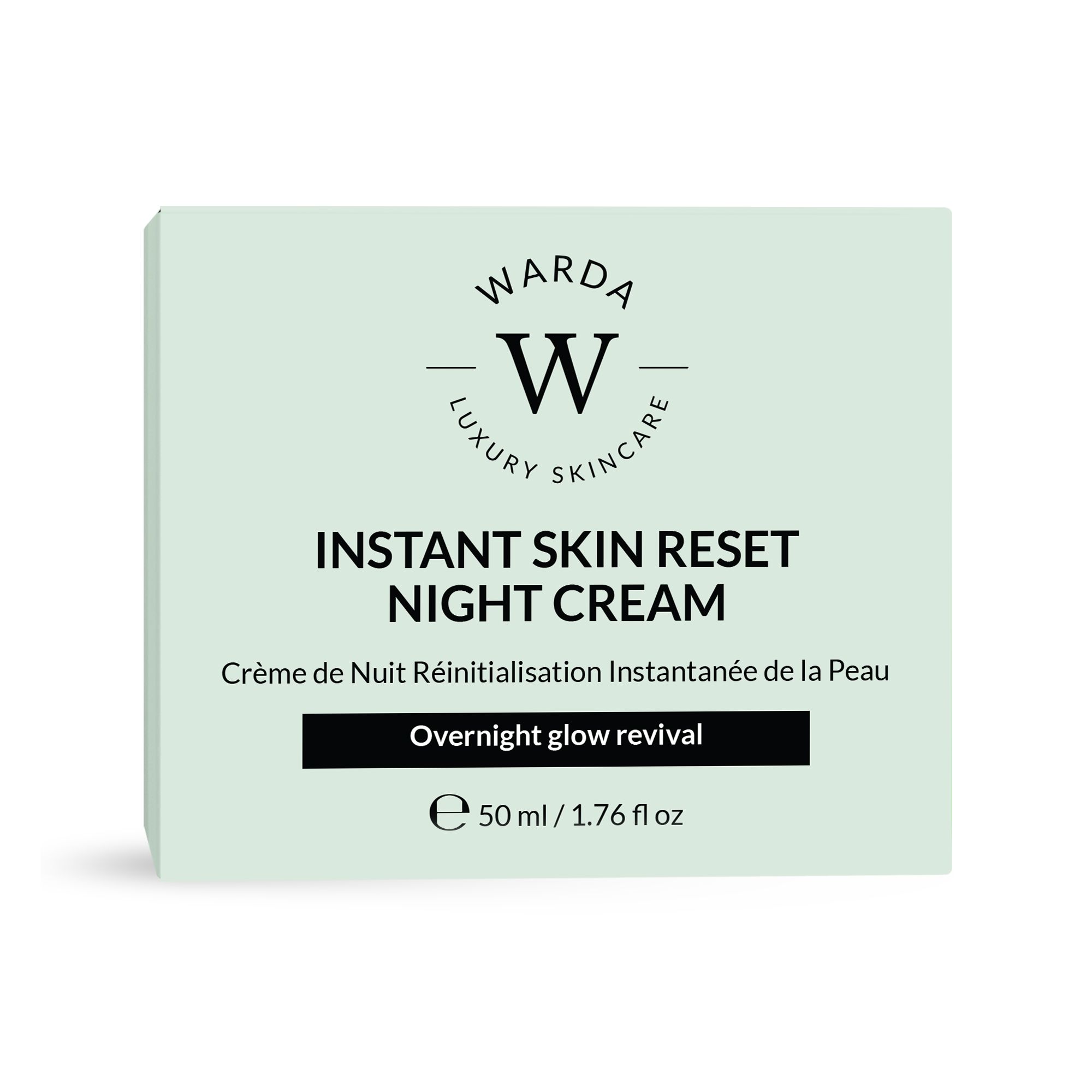 Schachtel mit Aufschrift: Instant Skin Reset Night Cream. Marke: Warda Luxury Skincare. Nachtcreme. 50 ml.