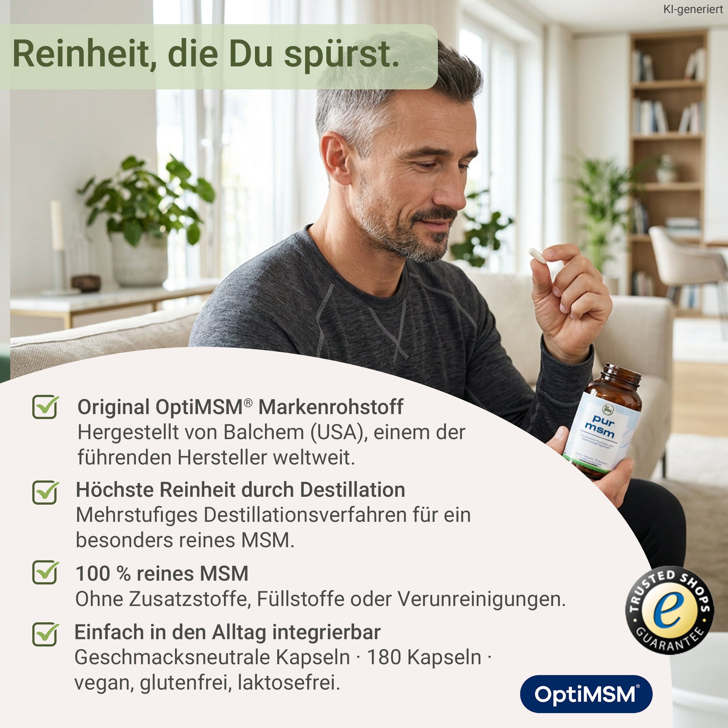 Mann sitzt auf Sofa, hält Kapsel und Flasche "pur msm". Checkliste mit Produktmerkmalen wie "OptiMSM" und "Vegan".