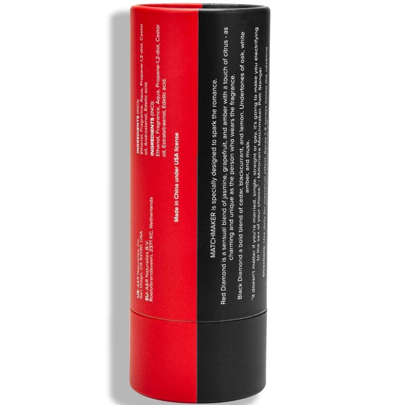 Rückseite der zylindrischen Verpackung, schwarz-rot geteilt. Text mit Inhaltsstoffen und Herkunft. "MATCHMAKER" und "Made in China" sichtbar.