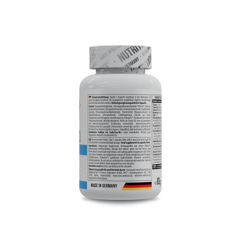 Rückansicht der weißen Flasche mit MST Relax IQ. Etikett mit Inhaltsstoffen und Herstellerinformationen. Made in Germany.