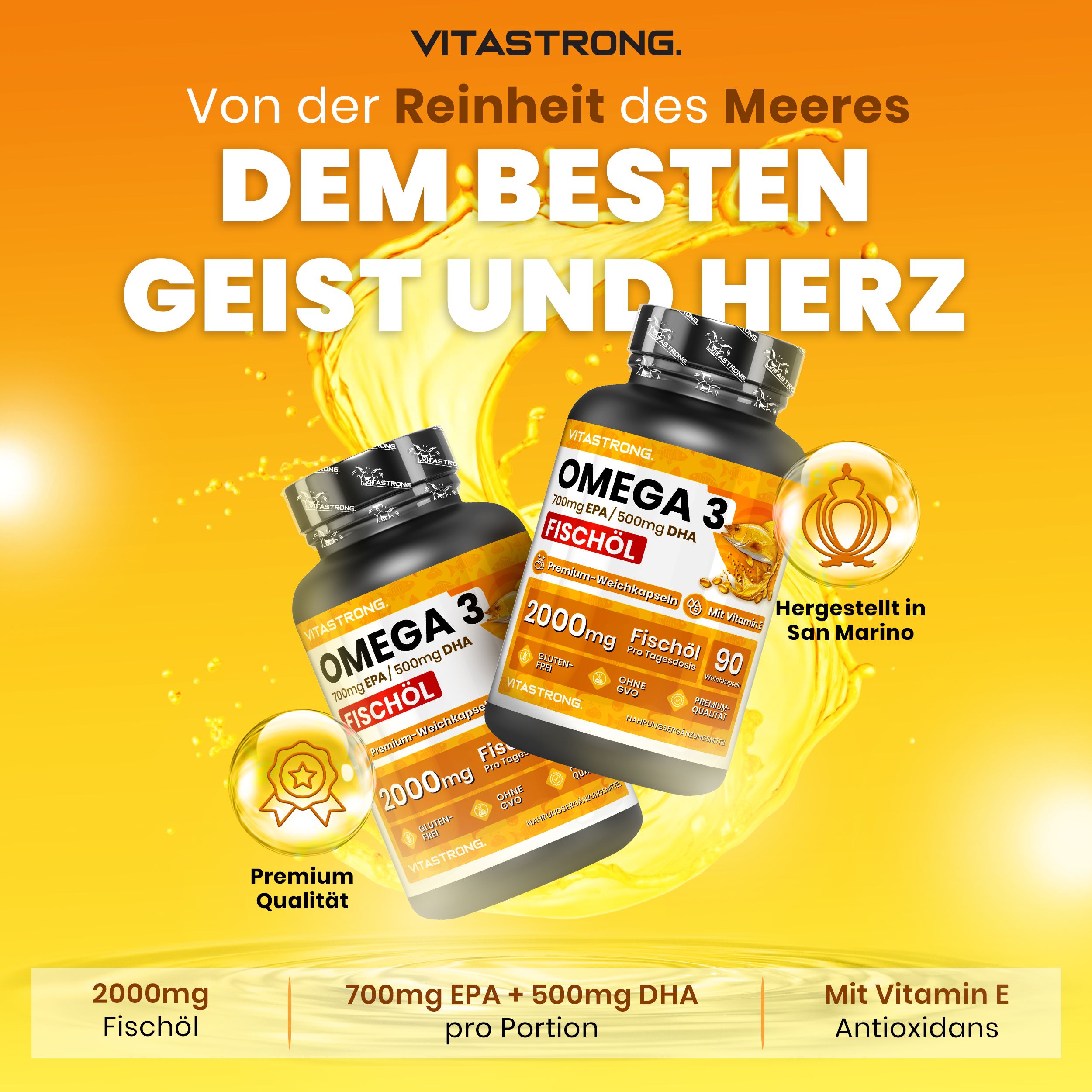 Zwei Flaschen Omega 3. Text: Vitastrong, 2000mg Fischöl, 90 Kapseln. Hergestellt in San Marino.
