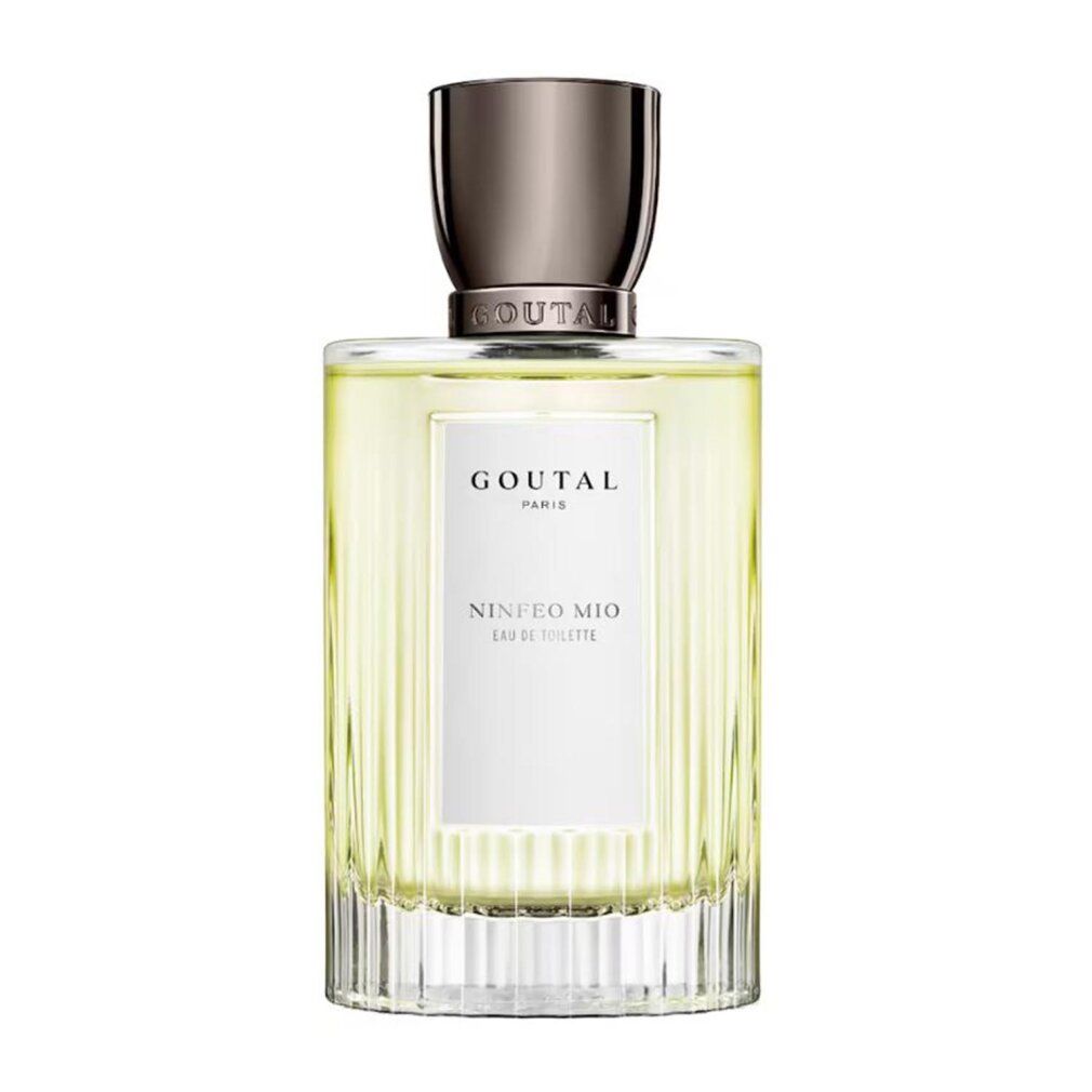 Goutal Ninfeo Mio Eau de Toilette Flakon. Rechteckige Form, geriffeltes Glas, silberfarbener Verschluss. Weißes Etikett mit Produktnamen.
