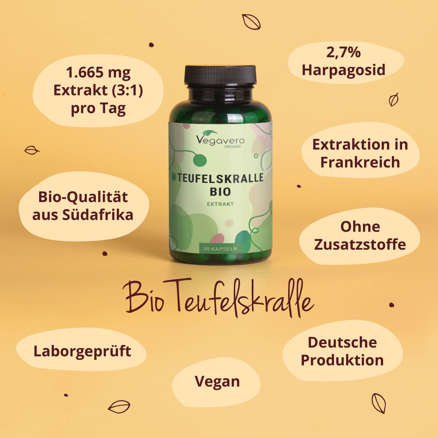 Flasche mit Teufelskralle BIO Extrakt. Informationen: 1.665 mg Extrakt, 2,7% Harpagosid, Bio-Qualität, ohne Zusatzstoffe, vegan, deutsche Produktion.
