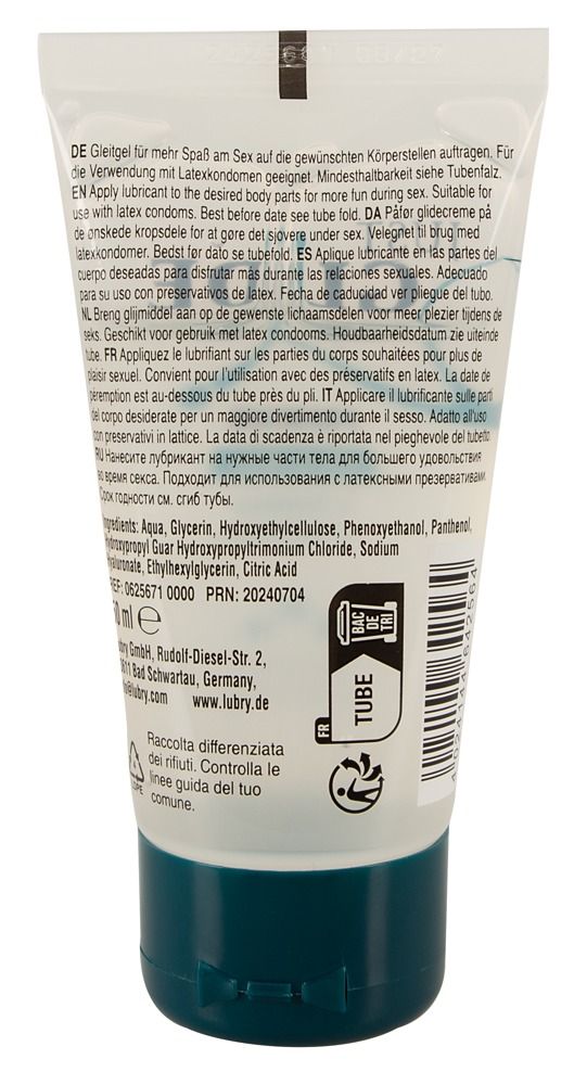 Rückseite einer transparenten Tube mit blauem Verschluss. Text in mehreren Sprachen. Enthält Inhaltsstoffe und Herstellerinformationen.