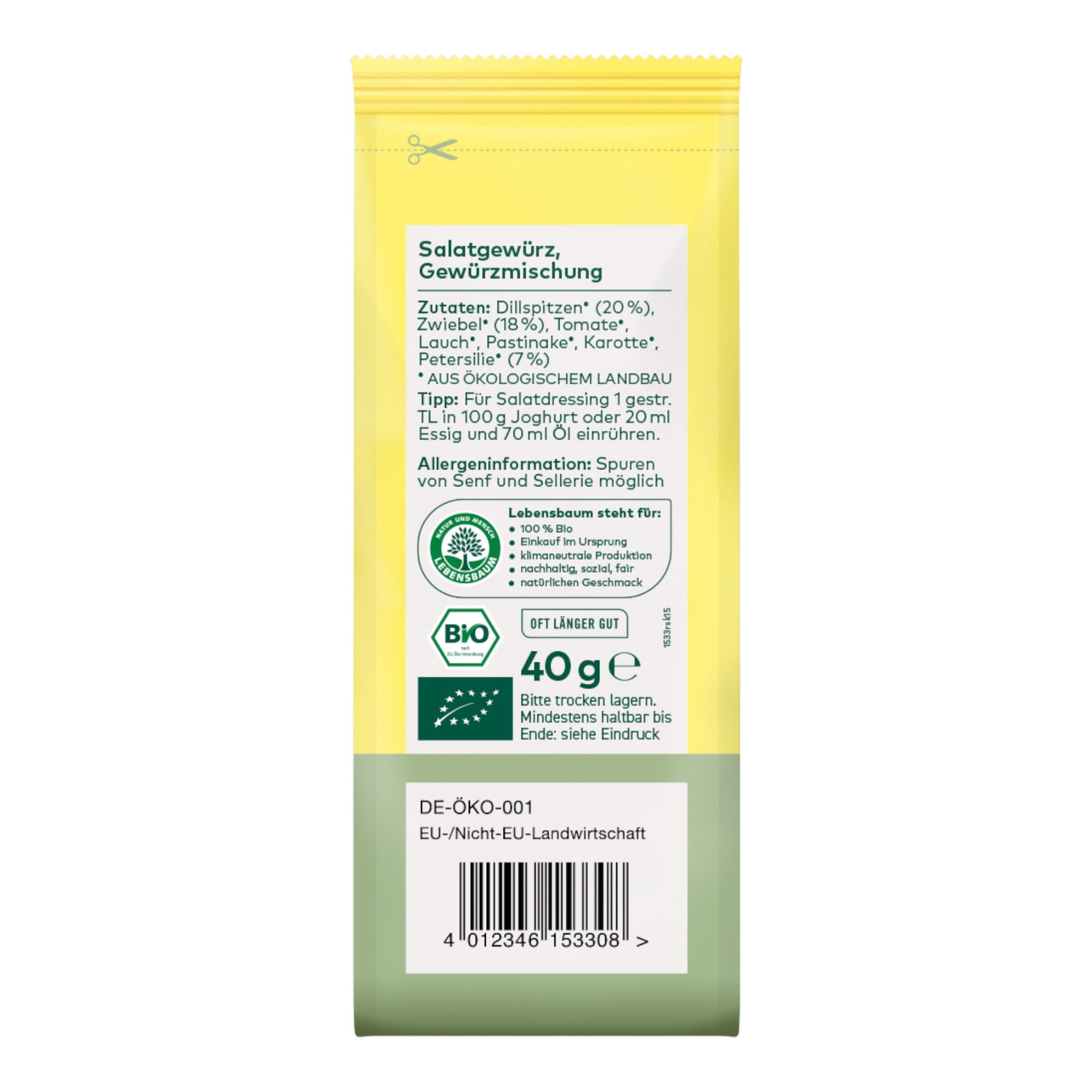 Bio Salatgewürz, 40g Packung mit Zutatenliste und Bio-Siegel.