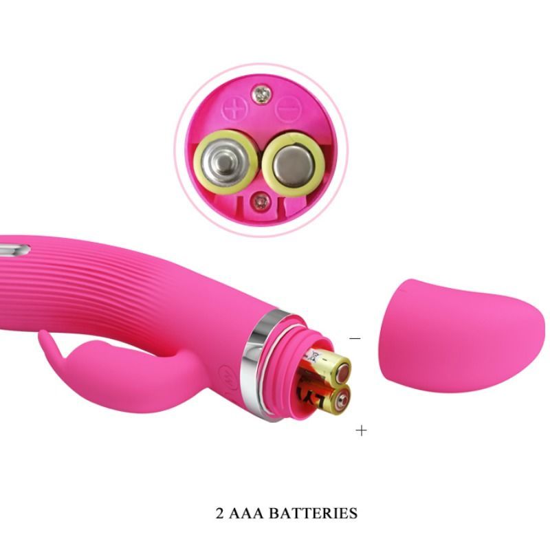 Nahaufnahme des Batteriefachs eines rosa Vibrators. Zwei AAA-Batterien sind sichtbar.