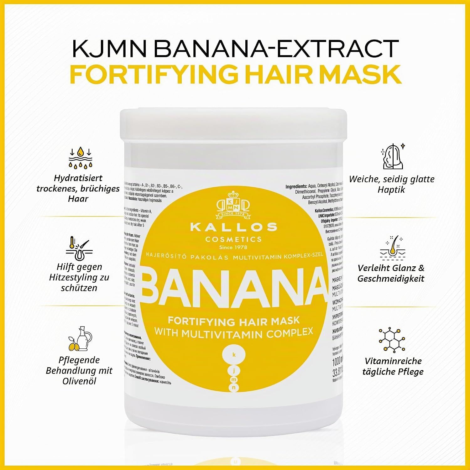Weißer Tiegel Kallos Cosmetics Banana Fortifying Hair Mask mit Multivitamin-Komplex, 1000ml.